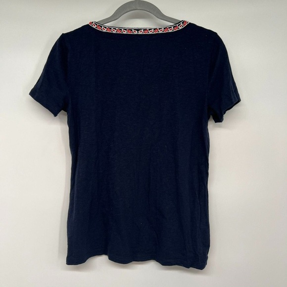 Talbots Blouse Womens PS Navy Embroidered Beaded Paisley Short Sleeve Split Neck - Picture 3 of 8